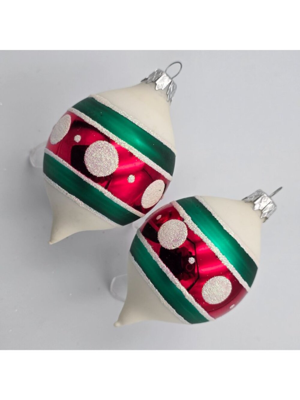 Vintage Glass Christmas Ornaments Red & Green With Glitter Polka Dots Teardrop - Picture 5 of 8